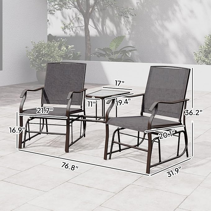 Outsunny Outdoor Glider Chairs with Coffee Table, Patio 2-Seat Rocking Chair Swing Loveseat with Breathable Sling for Backyard, Garden, and Porch, Gray