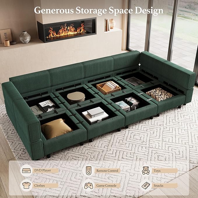 114.2" 8 Seat Modular Sectional Sofa with Deep Storage Seat, Comfy Corduroy Sectional Couch Convertible Modular Sleeper Sofa Couch with Movable Ottoman Chaise, Green