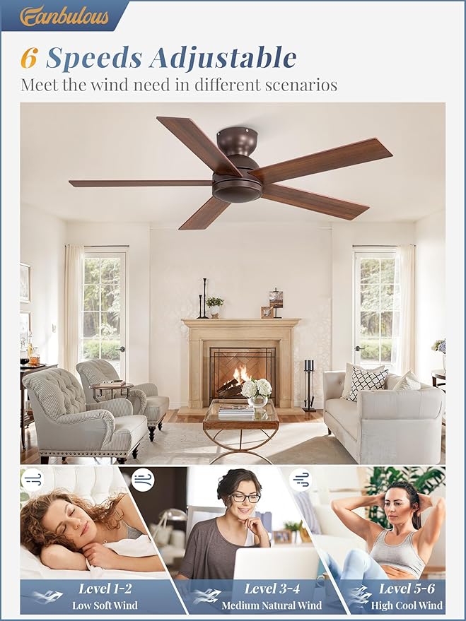 48 Inch Low Profile Ceiling Fan without Lights, Brown Farmhouse Ceiling Fan no Light, 6-Speeds, Quiet Reversible DC Motor, Indoor/Outdoor Ceiling Fans with Remote for Patio, Living Room, Bedroom