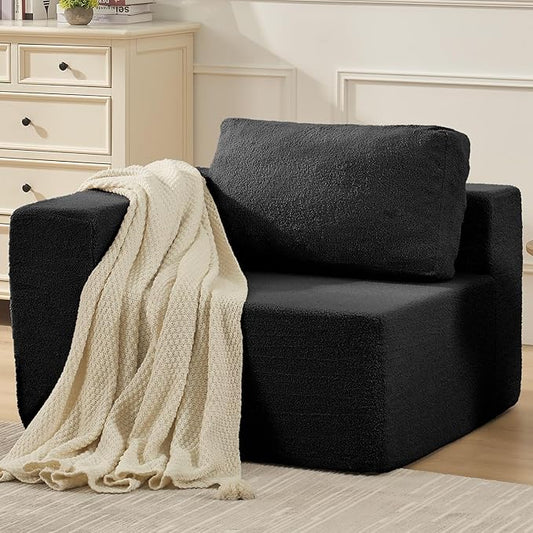 40" Giant Bean Bag Chair for Adults, Upholstered Floor Sofa Couch with Pillow, Teddy Boucle Sofa for Bedroom Living Room, No Assembly Required (Black, Teddy Boucle)