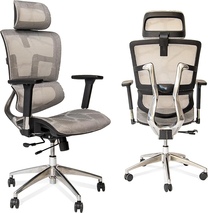 ErgoMax 53 in Tall Gray Ergonomic Adjustable Office Chair w/Aluminum Back and Base, Ergonomic Chair with Headrest and Lumbar Support