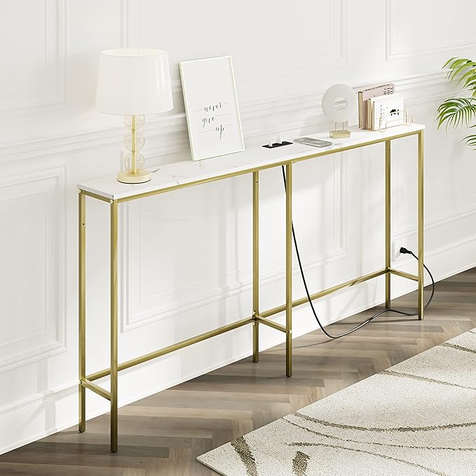 63 Inch Console Table with Power Outlet,Modern Narrow Long Sofa Table Behind Couch,Skinny Entry Table with Gold Metal Frame for Entryway,Living Room, Hallway,Marble White