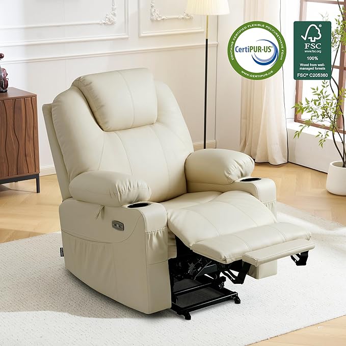 MCombo Power Lift Recliner Chair for Elderly, Lift Chair with Heat and Massage, FSC Certified, USB Ports, Cup Holders, Faux Leather 7040 (Cream White, Medium)