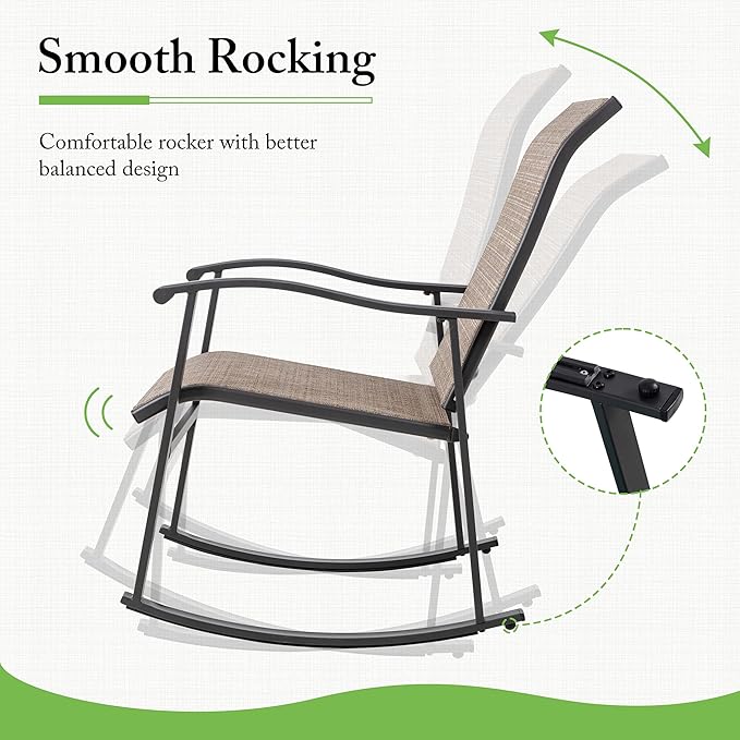 Shintenchi Rocking Chair Outdoor with Table, 3 Piece Rocking Patio Bistro Set, Outdoor Furniture Set with Metal Frame and Textilene Fabric for Small Space, Brown