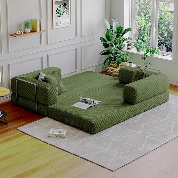 59''Convertible Sleeper Sofa Bed,Compressed Floor Boneless Couch,Modular Modern Corduroy Sofa for Living Room Bedroom -with Fixed-Shape Frame and Support Armrest,Easy Assembly(Green)