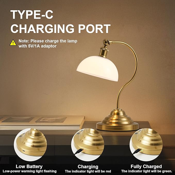 Cordless LED Table Lamp Set of Two, Swing Arm Desk Lamp, Battery Operated,Dimmable/3 Color,Modern Rechargeable Table Light for Living Room,Bedroom,Bedside, White Glass Shade, Brass