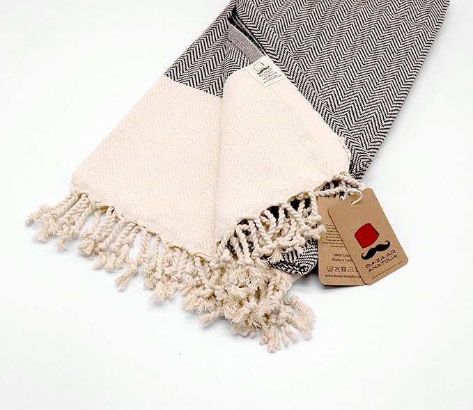 Bazaar Anatolia Turkish Beach Towel 100% Cotton Bath Towels 71x39 Quick Dry Sand Free Lightweight Large Oversized Herringbone Black