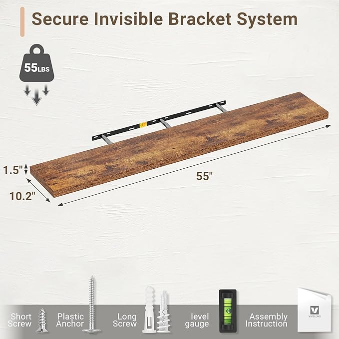 Vivelove 10 Inch Deep Floating Shelves 55 inch Long, 55 x 10 Wide Wall Shelves with Invisible Brackets, for Bedroom Bathroom Living Room Kitchen Office, Farmhouse Home Decor, Set of 2, Rustic Brown