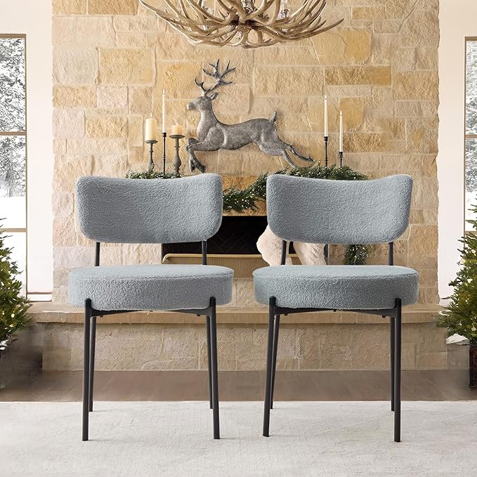Grey Boucle Dining Chairs Set of 6, Upholstered Dinner Chair with Metal Frame, Dining Room Chairs with Padded Seat, Round Modern Seating for Living Room