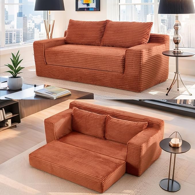 Fefances Loveseat Sofa Bed Boneless Couch, Convertible 2-in-1 Design, Corduroy Fabric - Compact Memory Foam Couch for Small Spaces, Apartments, Home Office & Bedroom（Orange）