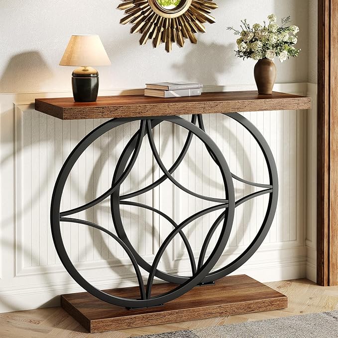 39.4" Console Table, Industrial Entryway Table with Anti-Tilt Design, Narrow Wood Accent Sofa Table Behind Couch with Double Circle Base for Entryway, Living Room, Hallway, Foyer