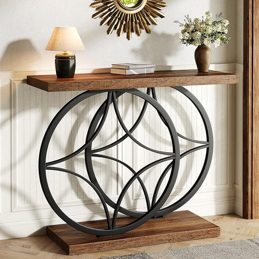39.4" Console Table, Industrial Entryway Table with Anti-Tilt Design, Narrow Wood Accent Sofa Table Behind Couch with Double Circle Base for Entryway, Living Room, Hallway, Foyer