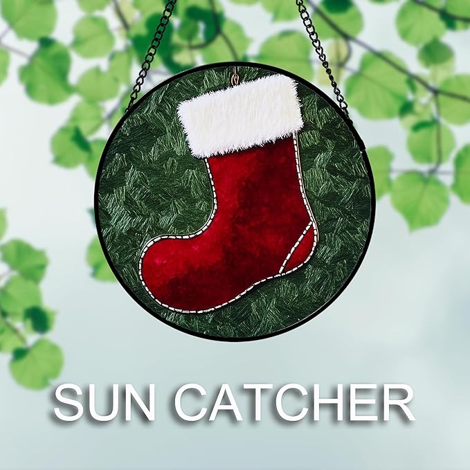 Stained Glass Window Hanging 4 Pcs Set Red Christmas Stockings and Gingerbread 9.8" - Suncatcher Door Garden Sun Catcher Decor Birthday Mother's Day Xmas Gifts for Mom Woman Nana Men