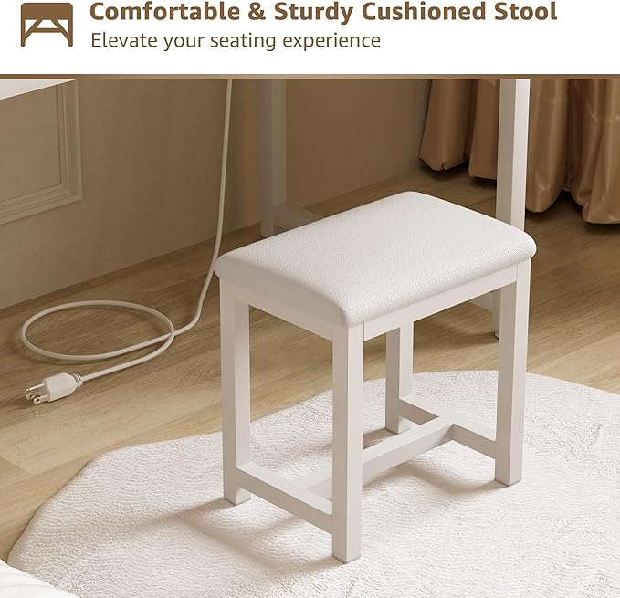 Makeup Vanity Desk with Mirror and Lights - Girls White Vanity Table Set with Chair, Fabric Drawers, Power Outlet, Small Modern Make Up Dressing Table for Bedroom