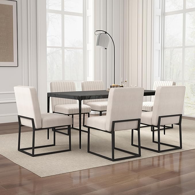 VKNOW Upholstered Dining Chairs Set of 6, Modern Dining Room Chairs with Stripe, Linen Kitchen Chair Dinner Chair with Black Metal Base for Kitchen Office, Beige
