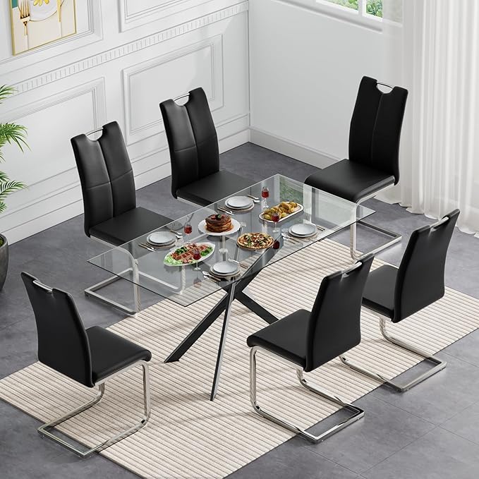 Modern Glass Dining Table Set for 6, Black Glass Kitchen Table and Chairs Set of 6, 7 Piece Dining Room Table Set with 61" Rectangular Metal Glass Dinner Table and 6 Black Leather Dining Chairs