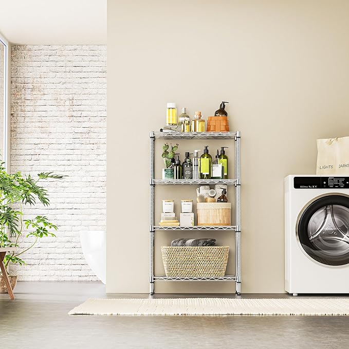 IZEUK 4 Tier Steel Storage Shelves, Heavy Duty Metal Shelf Wire Shelving Rack for Pantry, Kitchen, Living Room, or Office Organization (11.8" D x 25.6" W x 45.5" H, 1000LBS, Chrome)