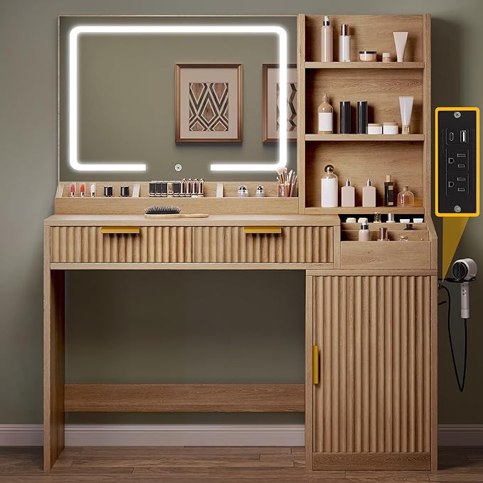 DWVO Fluted Makeup Vanity Desk with Large 27" Mirror and Lights, Modern Big Makeup Table with Power Outlet, 11 Shelves & 2 Drawers, 3 Color Lighting Modes, Dressing Table Vanity Set for Bedroom, Oak