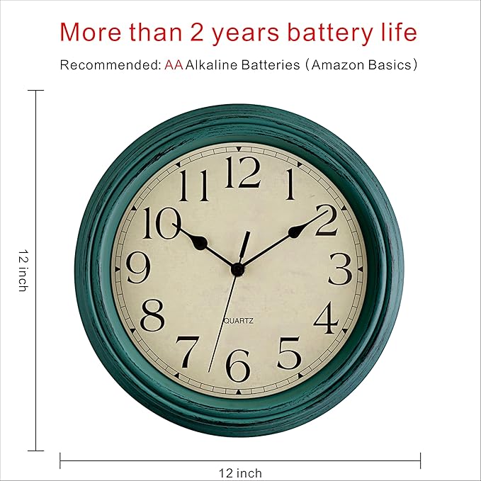Foxtop Retro Silent Non-Ticking Round Classic Clock 12 Inch Quartz Decorative Battery Operated Wall Clock for Living Room Kitchen Home Office (Turquoise)