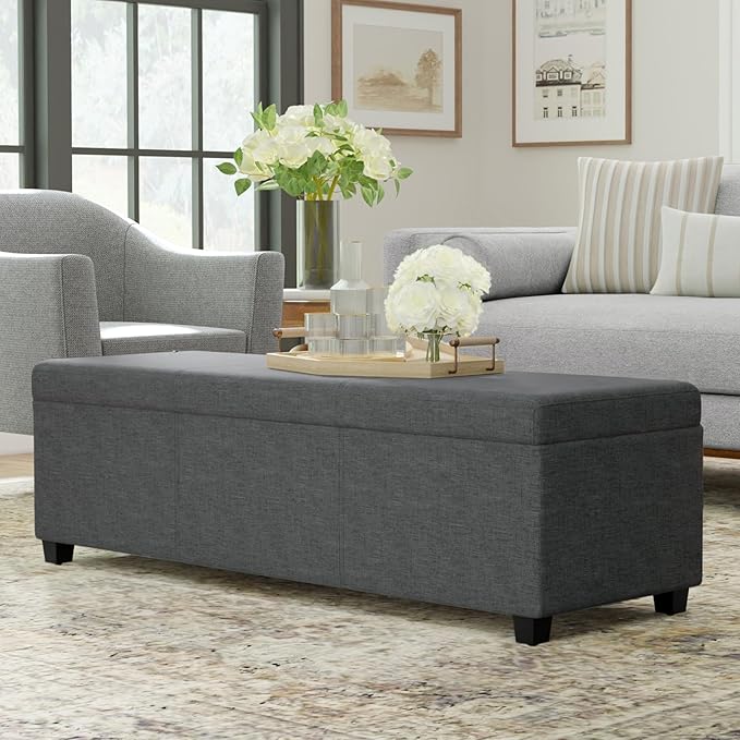 SIMPLIHOME Avalon 54 inch Wide Contemporary Rectangle Extra Large Storage Ottoman Bench in Slate Grey Polyester linen fabric, Assembled, For the Living Room, Entryway and Family Room
