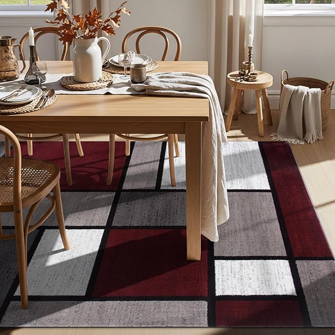Rugshop Modern Geometric Boxes Red Area Rug, Fade-Resistant Carpet for Living Room, Bedroom, or Family Room, 7'10" x 10'2"