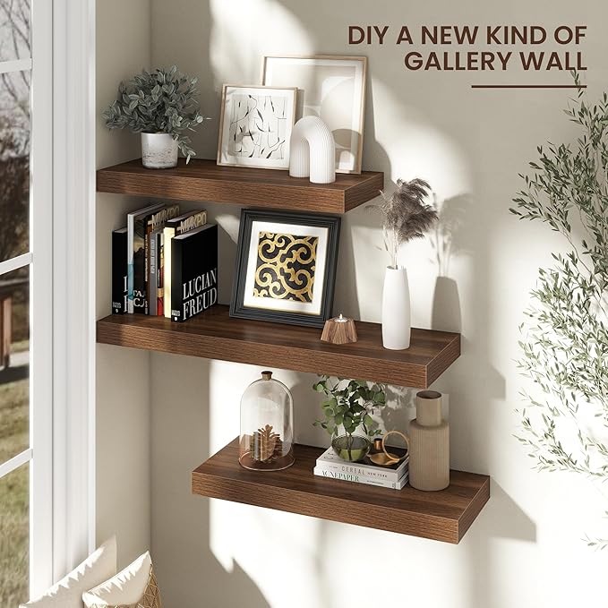 Floating Shelves for Wall, 30" W x 12" D x 2" H, 2 Pack of Long Wall Mounted Engineered Wood Shelves with Invisible Brackets for Living Room, Bedroom, Bathroom, Kitchen Decor, Walnut