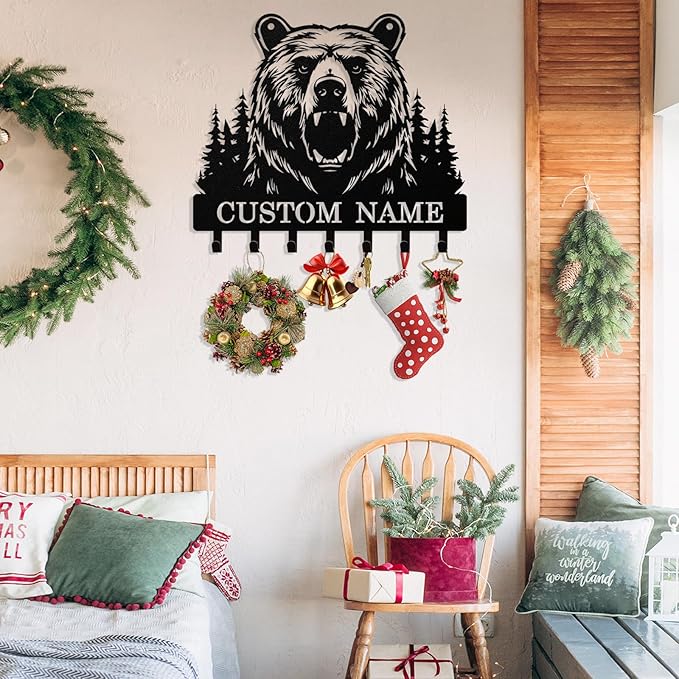 Personalized Bear Key Holder Wall Mount, Custom Metal Keys Hanger for Wall with Name, Custom Key Rack Holder with Hooks for Home, Entryway, Front Door, Living Room, Kitchen, Bathroom