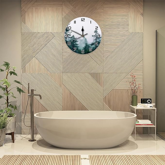 Foggy Pine Tree Forest Wall Clock Battery Operated 10 in Round Wall Clocks Slilent Non Ticking Quartz Analog Clock for Bedroom Kids Living Room Classroom Decor