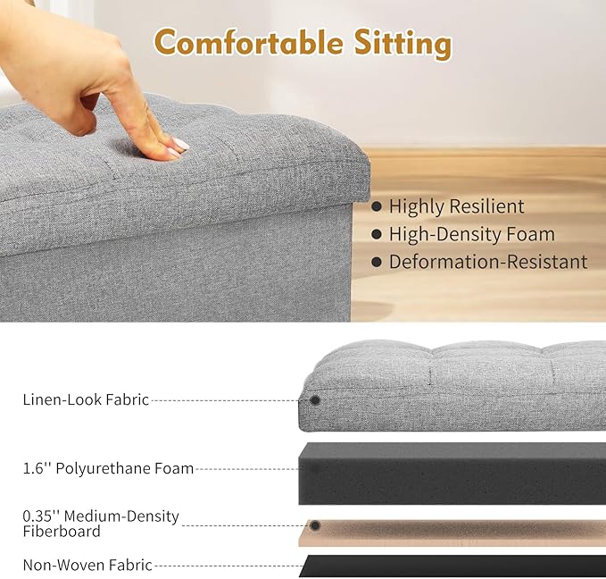 Storage Ottoman Foot Rest, Folding Linen Foot Stool with Thicker Foam Padded Seat. Small Ottoman with Storage Bench for Bedroom Living Room, Holds Up to 300 lbs, 17x13x13IN (Light Gray)