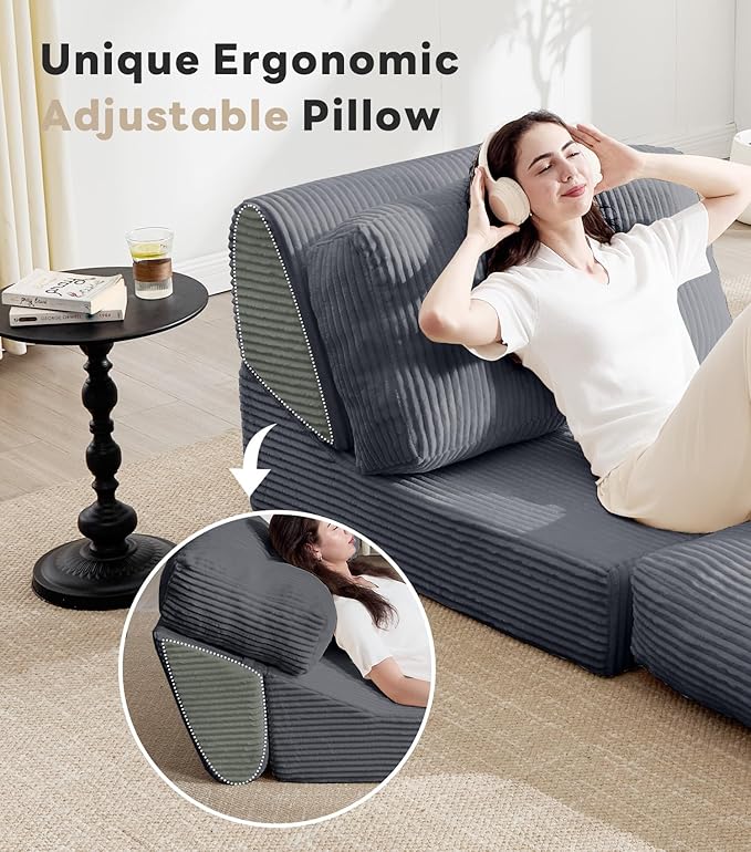 Tbfit 35.8‘’ Oversized Folding Sofa Bed, Convertible Sleeper Chair with Adjustable Back, Corduroy Folding Couch Bed, Portable & Foldable Boneless Floor Sofa for Living Room, Bedroom, Dark Grey