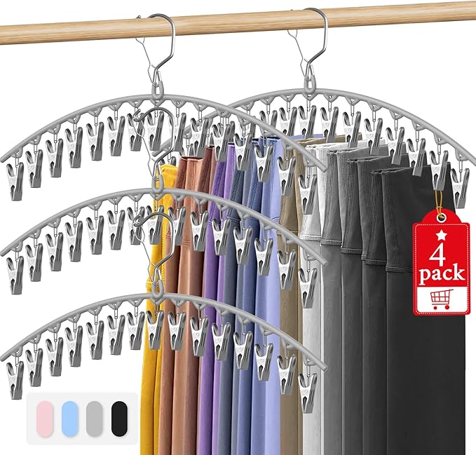 Upgrade Skirt Pants Hangers with Clips, Metal Legging Organizer for Closet with 15 Cilps Holds 60 Leggings/Shorts/Jeans/Skirts Pants Hangers Space Saving Closet Organizers and Storage, Grey 4Pack