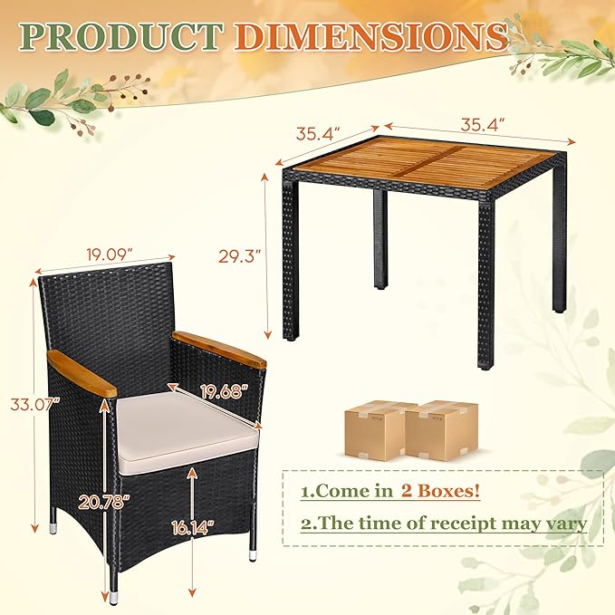 Greesum 5 Pieces Outdoor Patio Dining Set, Conversation Sets with 1 Table and 4 Rattan Chairs with Curved Acacia Wooden Armrests and Cushions, Black