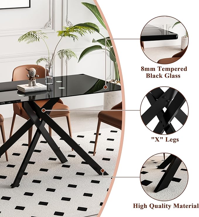 HomVent 51.18" Rectangular Black Glass Dining Table,Stylish Design with Black Metal Legs, Dining Table for Dining Room