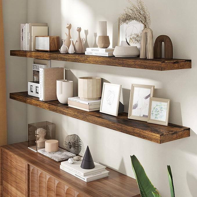 72 Inch Floating Shelves for Wall, 8 Inch Deep Floating Shelf for Storage & Display, Wall Mounted Shelf with Invisible Brackets for Living Room, Kitchen, Bathroom, Home Decor, Set of 2, Rustic Brown