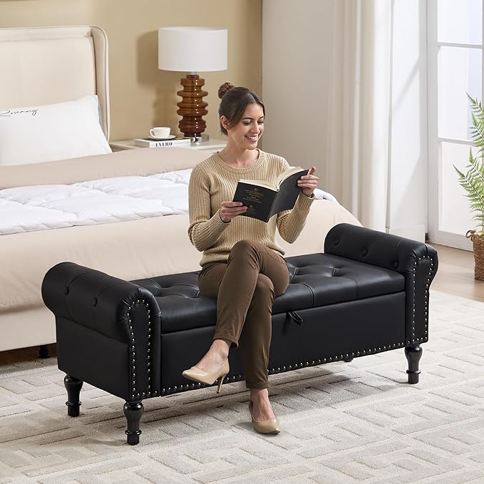 Storage Bench for Bedroom, 51" Upholstered End of Bed Bench, Faux Leather Queen Size Benches with Rolled Arms, Tufted Button Storage Long Ottoman, Living Room, Entryway, Black