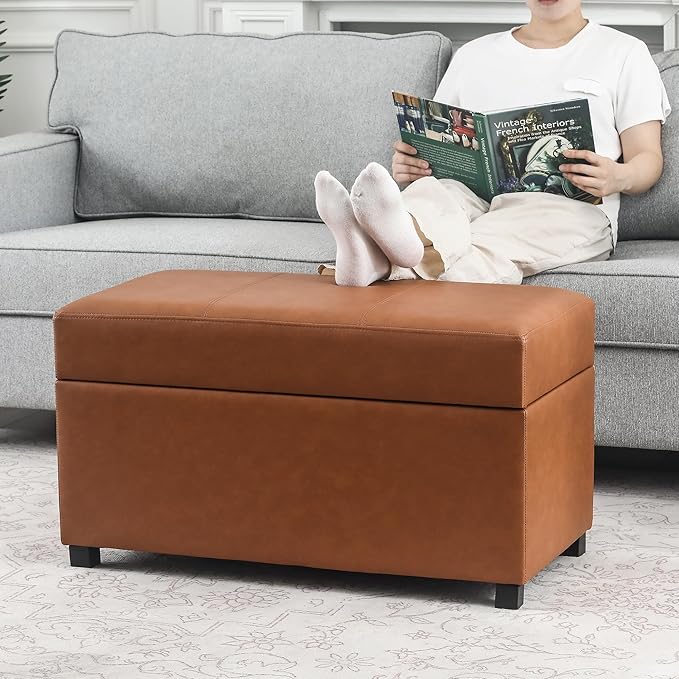 Joveco 32" Leather Storage Ottoman Bench, Rectangle Foot Rest Stool for Living Room, Bedroom, Entryway, Cognac Brown