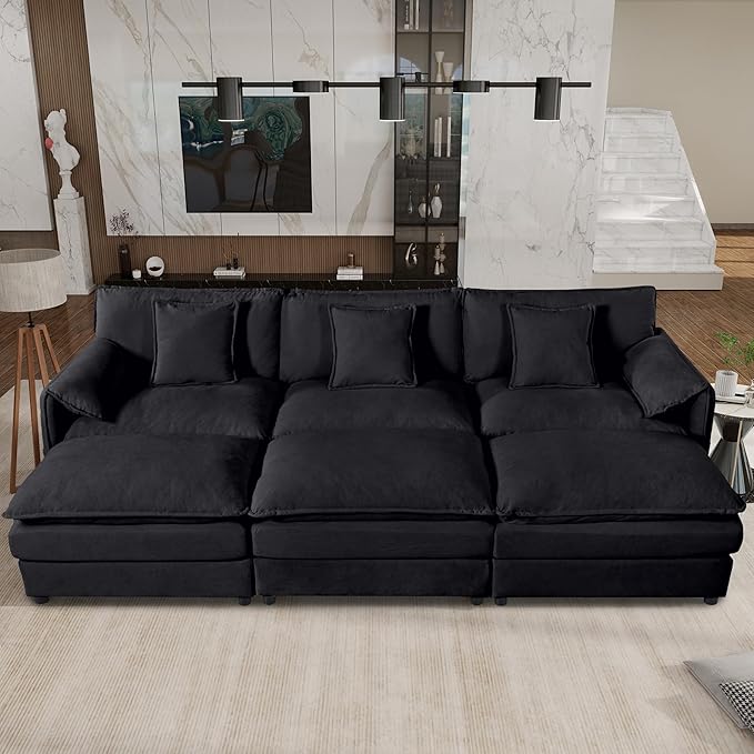 109.45" Oversized Extra Deep Seat Modern Chenille Cloud Couch, Large 3 Seater Modular Sofa for Living Room,Convertible Sofa Bed,Bedroom Apartment Office(Black, 109.45 Inch+3Ottoman)