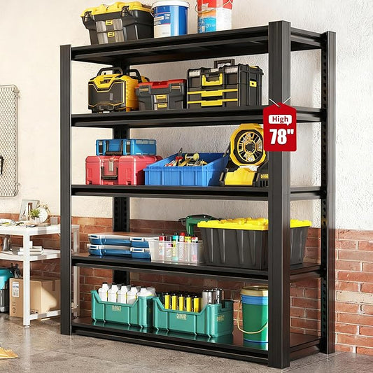 78" H Garage Shelving, Metal Storage Shelves, 3000LBS Heavy Duty Shelving, Adjustable 5 Tier Storage Rack, Industrial Utility Shelf for Garage, Warehouse, Kitchen,18" D×47.5" W×78" H, Black