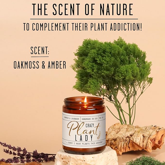Plant Lady Gifts for Women, Soy Candle, w/Oakmoss & Amber I Plant Lady Themed Ideas I Gifts for Plant Lovers I 50Hr Burn, USA Made
