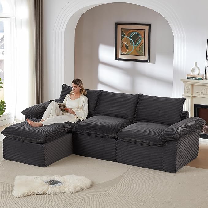 111" Cloud Sectional Couch with L-Shaped Chaise, Corduroy Sectional Sofa with Ottoman, Boneless Couch with Deep Seat in a Box for Living Room, No Assembly Required (Dark Grey)