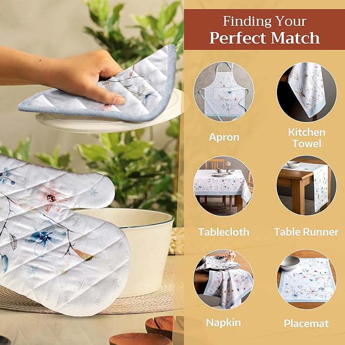 Maison d' Hermine Oven Gloves 100% Cotton Oven Mitt 7" x 13" with Loop Heat Resistant BBQ Cooking Gloves for Thanksgiving Christmas Decorations Baking Handling Hot Pans (Pack of 1, Ice Florals)