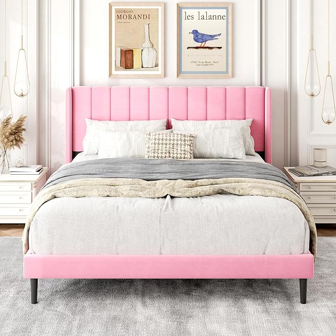 Queen Size Bed Frame with Upholstered Wingback Headboard, Easy Assemnly Platform Bed, Wooden Slat Support No Box Spring Needed, Pink Velvet
