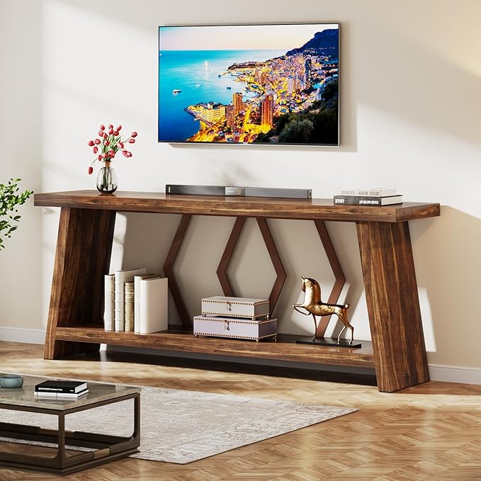Tribesigns 70.86-Inch Farmhouse Console Table, Industrial Narrow Long Sofa Entryway Table with Storage, 2-Tier Wood Couch Foyer Accent Table for Living Room, Hallway, Entrance (Brown)