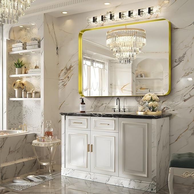 FORBATH 48x36 Inch Bathroom Mirror, Brushed Gold Deep Frame Wall Mirror with Rounded Corners, Anti-Rust Glass for Modern Farmhouse Vanity (Horizontal/Vertical Hanging)