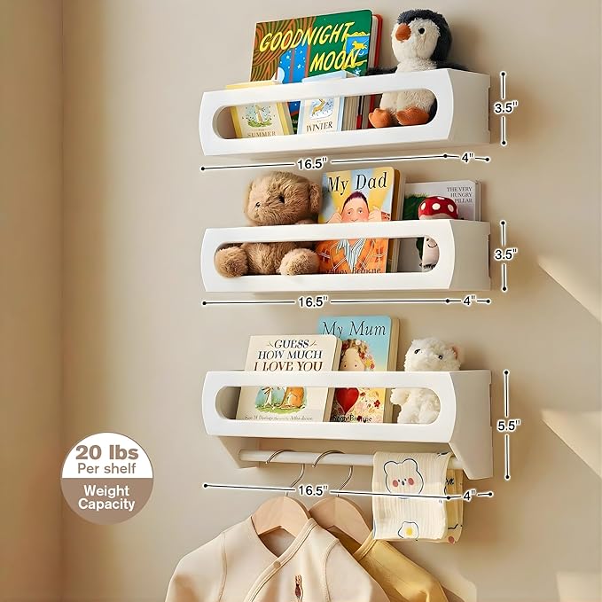 Bamboo White Nursery Floating Book Shelves for Wall, 16.5 Inch - Set of 3 Wall Mounted Multi-use Shelves, Kids Room, Playroom, Nursery Decor and Storage