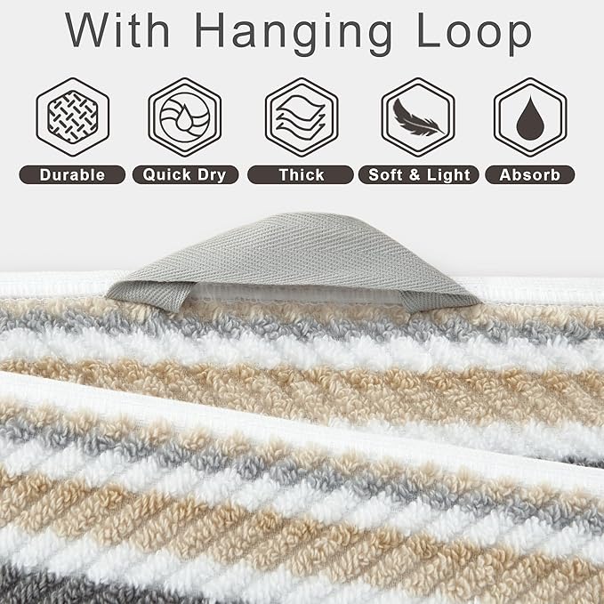 Cotton Towels Set of 3, 3PC Striped Towels - 100% Cotton & Quick Dry - 1 Soft Bath 28"x52", 1 Absorbent Hand 16"x27", 1 Lightweight Washcloth 13"x13", Tan Body Towel with Hanging loop, Gray + Beige