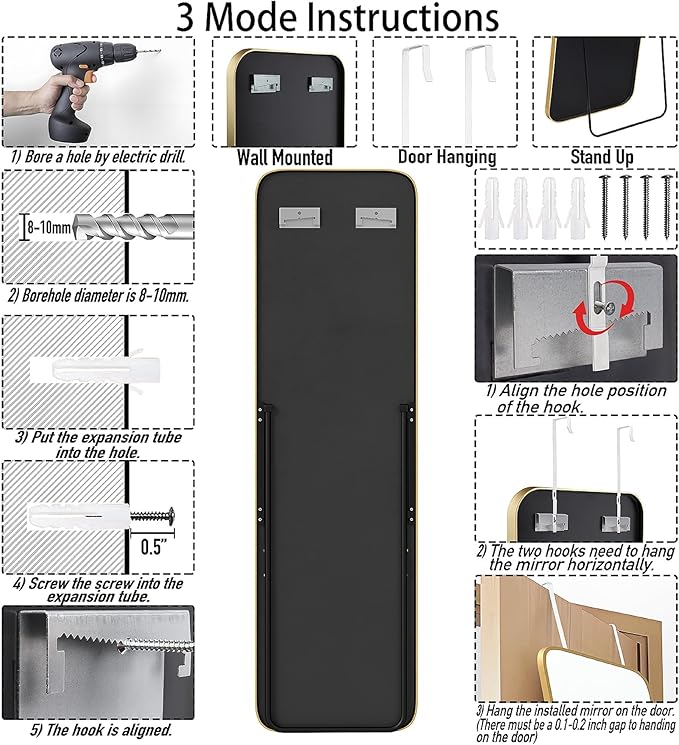 57x16 Door Hanging Full Length Mirror, Floor Stand (Height 5.7ft just Body in1.3ft) Wall Mounted Metal Frame Rectangle Dressing Mirrors for Bedroom Bathroom Room 57 inch Gold