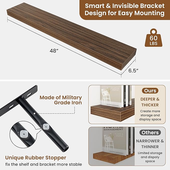 fuqing Floating Shelves for Wall, Wall Mounted Wood Floating Shelf with Invisible Brackets for Living Room, Bathroom, Bedroom, Kitchen Storage and Decor, 48 Inch Set of 2, Walnut