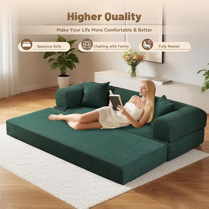 Convertible Futon Sofa Bed,80" Folding Pull Out Couch with Pillows & Storage Pocket, Oversized Queen Sleeper Sofa in a Box,Corduroy Boneless Couch for Living Room,Deep Green