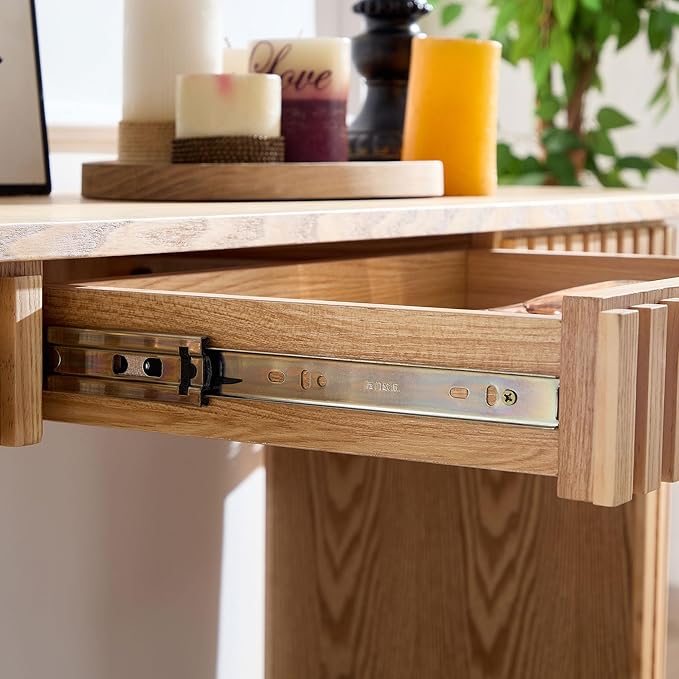 Modern Console Table for Entryway Contemporary Console Entry Tables with Drawer Fluted Sofa Tables Oval Long Foyer Table with Storage for Entry Way Hallway Entrance 59.05'' Wood Oak